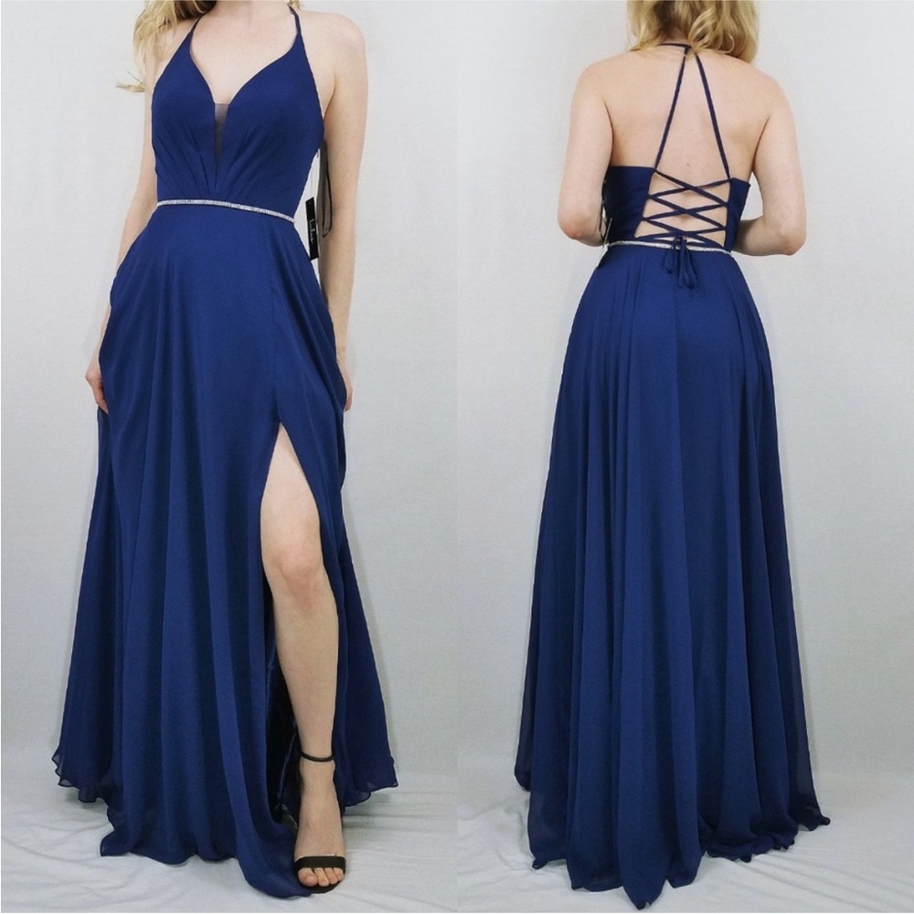 She's Gorgeous Navy Blue Lace-Up Rhinestone Dress